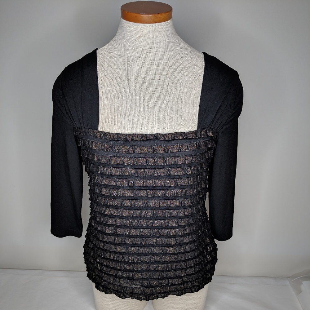 I.N. STUDIO Dressy 3/4 Sleeve Top Black Gold Metal